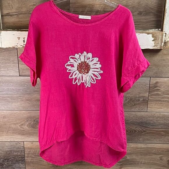 MADE IN ITALY Women’s Linen Sequined Flower Blouse Short Sleeve Size L Floral - Picture 4 of 8